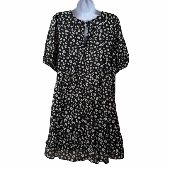 BA&SH Beth Floral Tiered Puff Sleeve Mini Dress Size M Black Dark Cottagecore - Picture 5 of 10